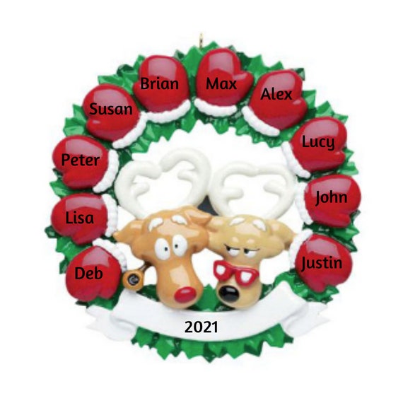 Reindeer Family of 10 Mittens Christmas Ornament - Mitten Wreath Family of Ten Personalized Christmas Ornament 2022
