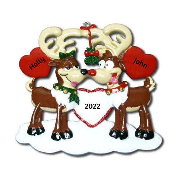 Reindeer in Love Couple Christmas Ornament - Deer Kissing Under Mistletoe Hand Personalized Christmas Ornament 2022