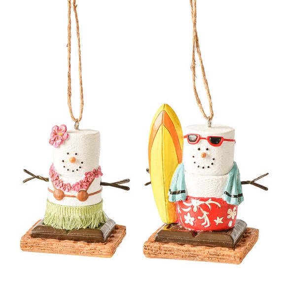 S'mores Beach Couple Christmas Ornaments - Surfing at the Beach Ornaments