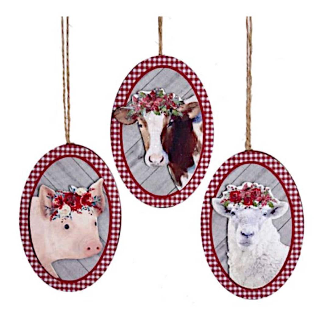 Wooden Rustic Country Oval Farm Animal Ornaments Pig Cow Etsy