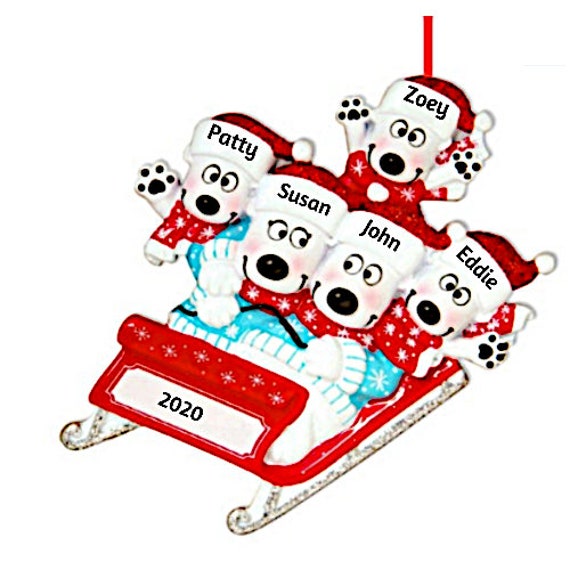 5 Polar Bears on a Sled Personalized Christmas Ornament - Family of 5 Polar Bears Hand Personalized Christmas Ornament 2022