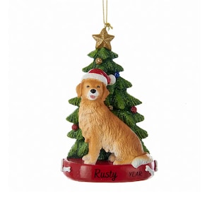 Golden Retriever with Santa Hat by Festive Christmas Tree Personalized Christmas Ornament- Golden Retriever Dog Ornament