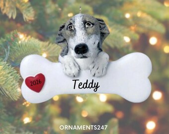 Könnte beinhalten: Ein weihnachtlicher Hunde-Anhänger mit einem grau-weißen Hund, der seine Pfoten auf einen großen weißen Knochen stützt. Auf dem Knochen steht der Name Teddy in schwarzer Schrift sowie ein kleines rotes Herz mit der Jahreszahl 2026.