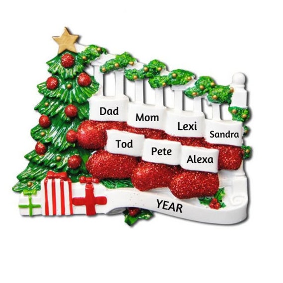 7 Stockings on a Festive Bannister - Stocking Family of Seven Personalized Ornament, Friends or Siblings Hand Personalized Ornament 2022