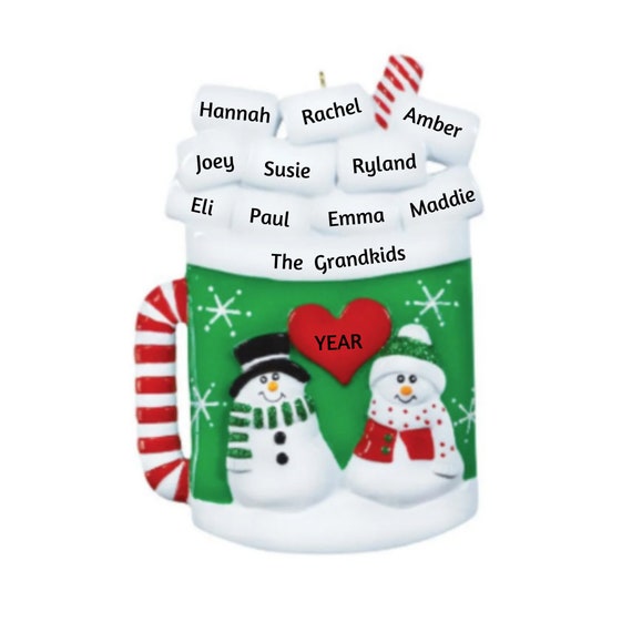 Christmas Mug with 10 Marshmallows Christmas Ornament - Snowman Couple Hot Chocolate Hand Personalized Christmas Ornament 2021