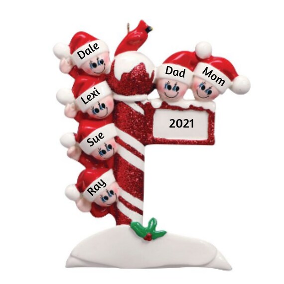 Family of 6 - Glittery Candy Cane Street Post Personalized Ornament - Family of Six Hand Personalized Christmas Peppermint Post Ornament