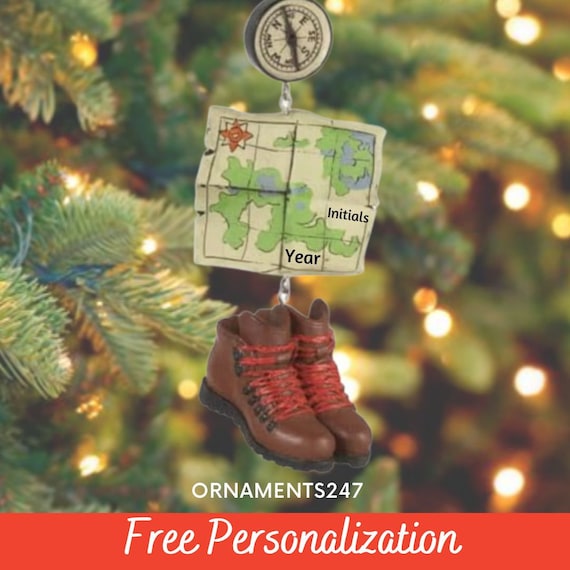 Personalized Hiking Ornament - Hiker Ornament - Hiking Dangle Ornament with Boots, Map and Compass - Gone Hiking Dangle Christmas Ornament