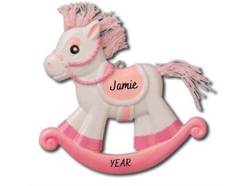 Pink Rocking Horse Christmas Ornament  Babys First Christmas Ornament - New Baby Girl Hand Personalized Ornament 2024