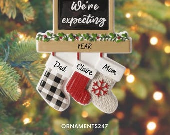 Expecting Family Ornament - Three Stockings on a Mantle Personalized Ornament - Pregnant Christmas Ornament - Expecting Christmas Ornament