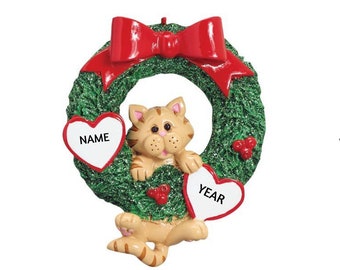 Tabby Cat In Christmas Wreath Personalized Ornament - Orange Cat Hand Personalized Christmas Ornament