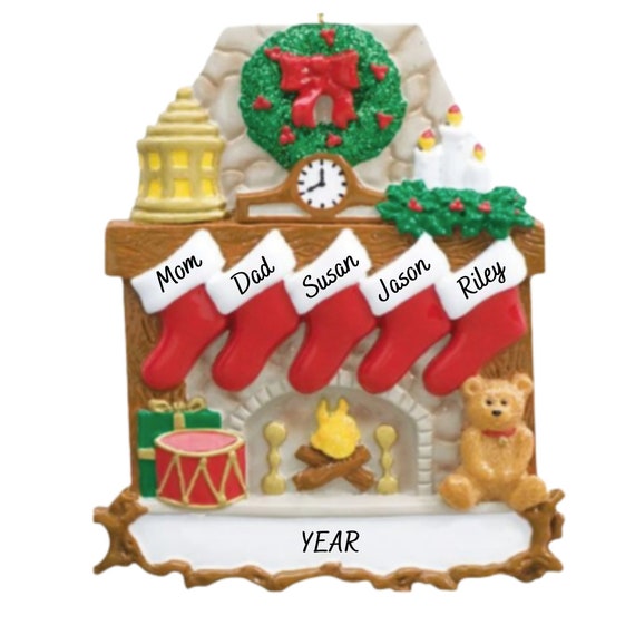 5 Stockings Hanging from Mantle Personalized Christmas Ornament - Traditional Five Red Stockings Hanging over Fireplace Ornament 2022
