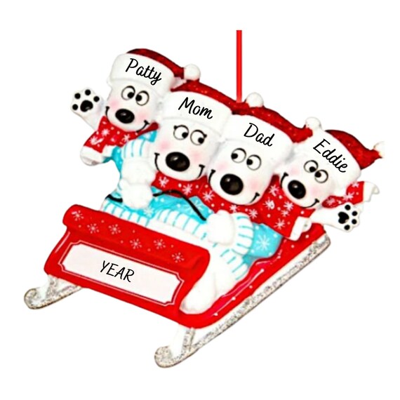 4 Polar Bears on a Sled Personalized Christmas Ornament - Family of 4 Polar Bears Hand Personalized Christmas Ornament 2022