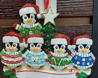 Personalized Penguin Family Ornament - 5 Penguins Wearing Ugly Christmas Sweaters Ornament - Custom Family of Five Christmas Ornament