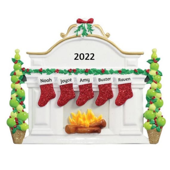 5 Glittery Stockings Hanging on White Classic Mantle Table Top Ornament - Family of Five Stockings Hand Personalized Table Top Ornament 2022