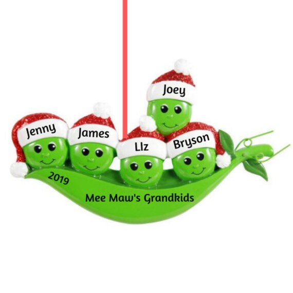 Family of 5 - Peapod Family of Five Personalized Christmas Ornament - Five Peas in a Pod Hand Personalized Christmas Ornament
