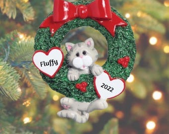 Personalized Cat Christmas Ornament | Gray Cat Personalized Christmas Ornament | Grey Tabby Cat in Wreath Gift | Gift for Cat Lady 2026