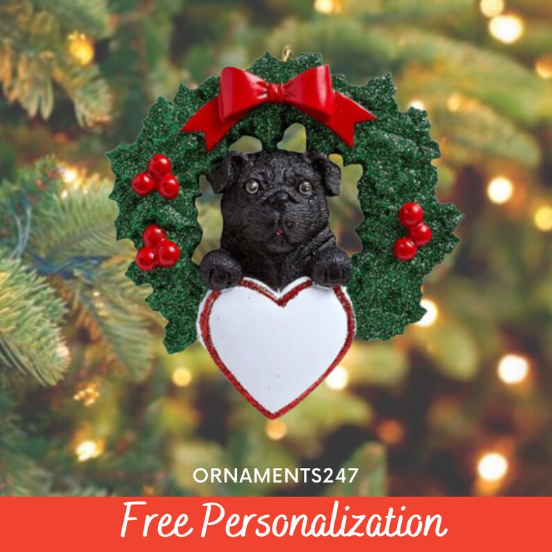 Black Pug Dog In Christmas Wreath Personalized Ornament Pug Personalized Christmas Ornament image 3