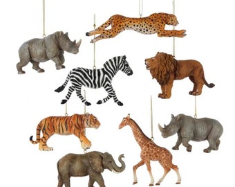 Safari Animal Holiday Christmas Ornament - Cheetah, Rhino, Zebra, Lion, Tiger, Elephant, Giraffe Ornament