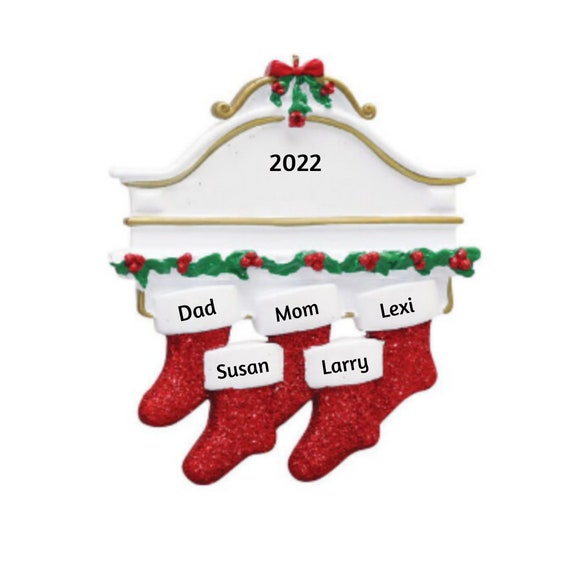 Family of 5 - Five Stockings Hanging on Mantle - Family of Five Hand Personalized Christmas Ornament 2022