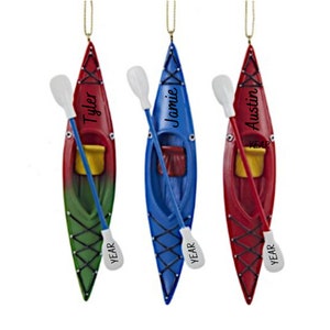 Personalized Kayak With Oar Holiday Christmas Ornament - Red, Blue or Red/Green Kayak Personalized Ornament - Kayak Ornament
