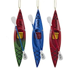 Kayak With Oar Holiday Christmas Ornaments - Red, Blue or Red/Green Kayak Personalized Ornaments 2023