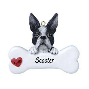 Boston Terrier Personalized Christmas Ornament- Boston Terrier Dog Bone - Hand Personalized Christmas Ornament