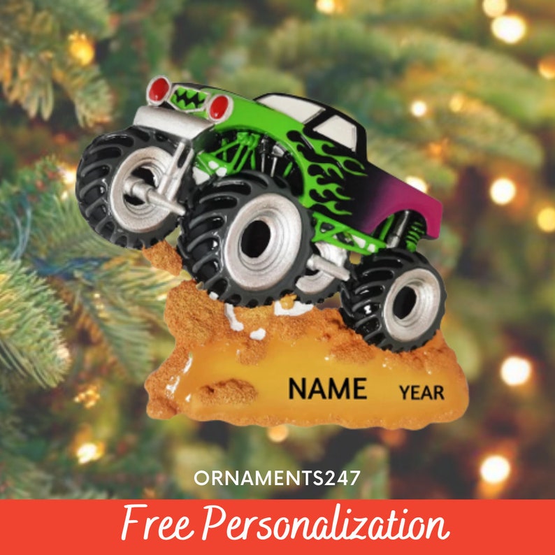 Personalized Monster Truck Christmas Ornament - Monster Truck Ornament - Monster Jam Ornament - Monster Truck with Green Flames Ornament image 2