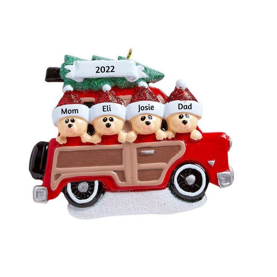 4 Bears Road Trip in Red Station Wagon Car Hand Personalized Christmas Ornament - Family of Four Bears Christmas Ornament 2022