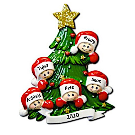 Family of 5 - Five Elves Around Christmas Tree - Family of Five Hand Personalized Christmas Ornament 2022