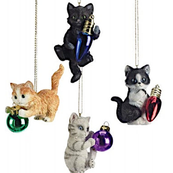 Kitten Playing with Festive Christmas Light Ornament - Black, Grey, White, or Orange Cat Holiday Christmas Ornament