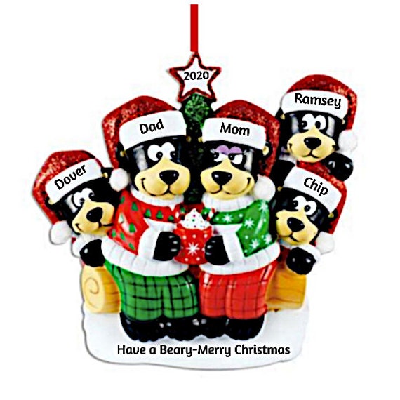 Family of 5 Christmas Ornament- 5 Black Bears Family with Hot Chocolate Hand Personalized Christmas Ornament