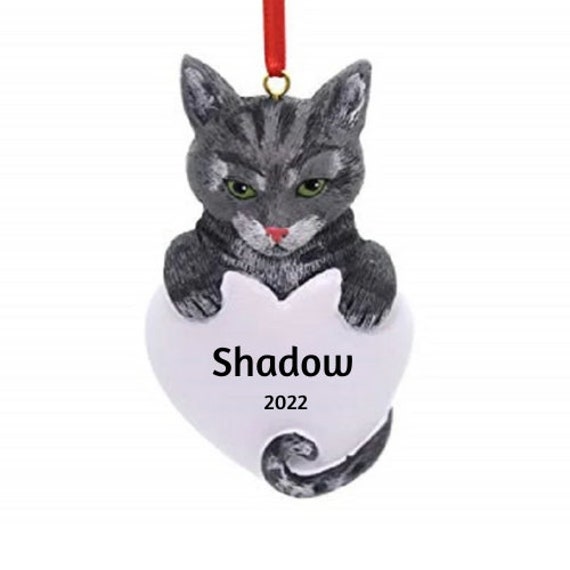 Tabby Grey Cat Heart Personalized Ornament - Gray Cat Hand Personalized Christmas Ornament 2022