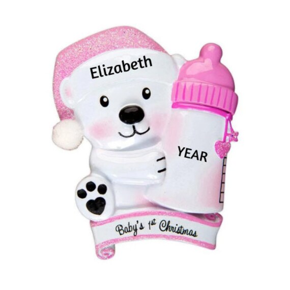 Baby Girl's 1st Christmas - Baby Bear Holding Baby Bottle - Hand Personalized Christmas Ornament 2022