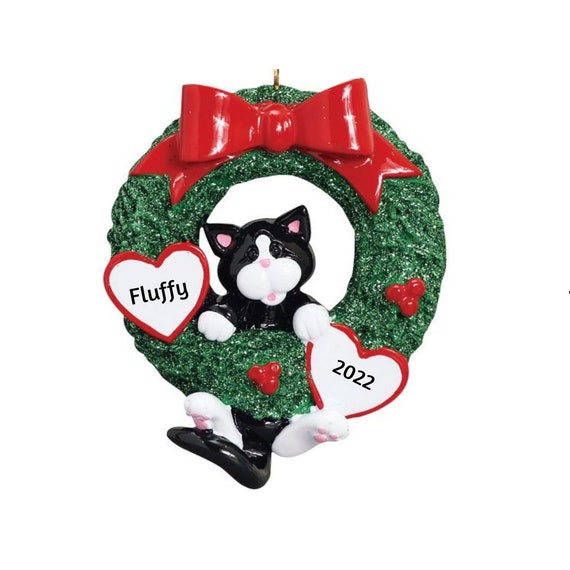 Black Cat In Christmas Wreath Personalized Ornament - Tuxedo Cat Hand Personalized Christmas Ornament 2022