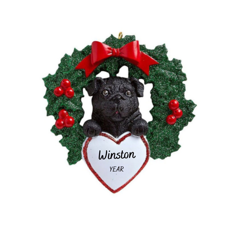 Black Pug Dog In Christmas Wreath Personalized Ornament Pug Personalized Christmas Ornament image 1