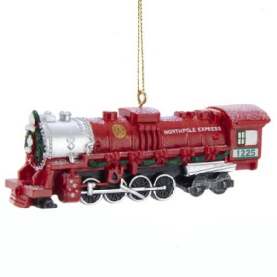 Red North Pole Express Train with Green Garland and Wreath Christmas Ornament - Lionel Train Ornament