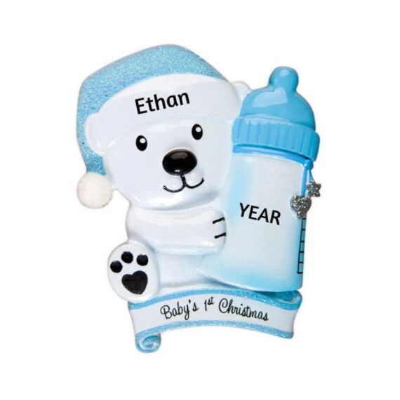 Baby Boy's 1st Christmas - Baby Bear Holding Baby Bottle - Hand Personalized Christmas Ornament 2022