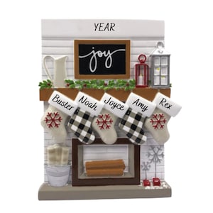 Personalized Stockings on Mantle Family Ornament - 5 Stockings Hanging on Modern Mantle - Joyful Mantle Family of Five Stockings Ornament