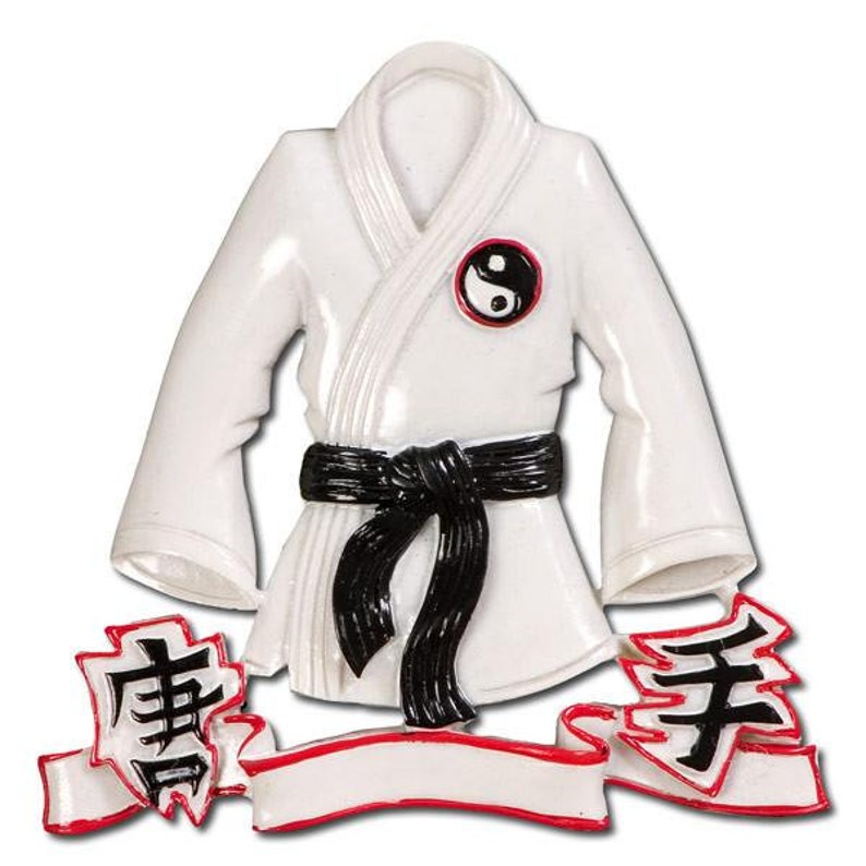 Adorno navideño personalizado de chaqueta de karate Adorno navideño personalizado de mano de karate con cinturón negro imagen 4
