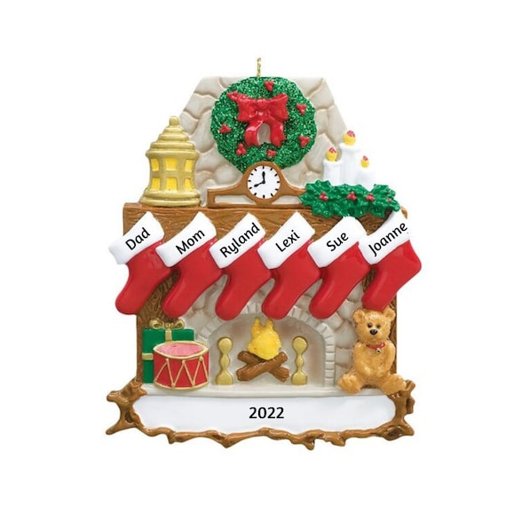 6 Stockings Hanging from Mantle Personalized Christmas Ornament - Traditional Six Red Stockings Hanging over Fireplace Ornament 2022