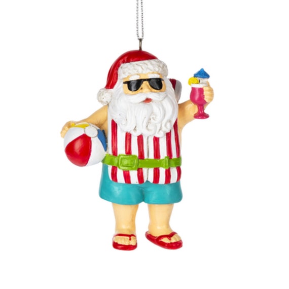 Santa at the Beach Holiday Christmas Ornament - Santa with Flip Flops and a Beach Ball Ornament