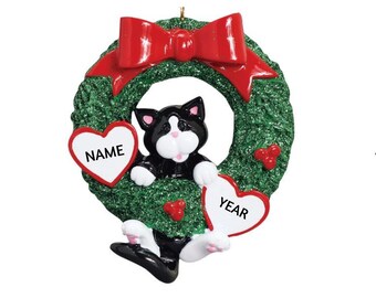 Black Cat In Christmas Wreath Personalized Ornament - Tuxedo Cat Hand Personalized Christmas Ornament