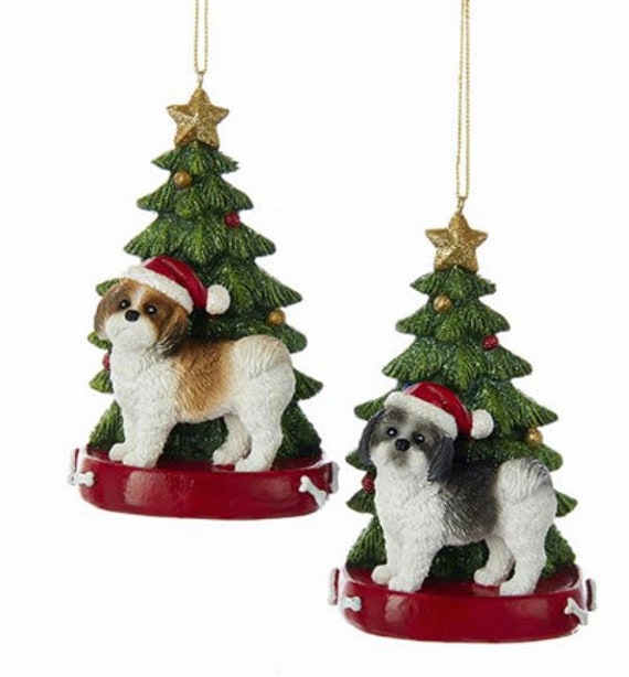 Black/White and Brown/White Shih-Tzu with Santa Hat by Festive Christmas Tree Personalized Ornament- Shih-Tzu Dog Holiday Ornament 2022