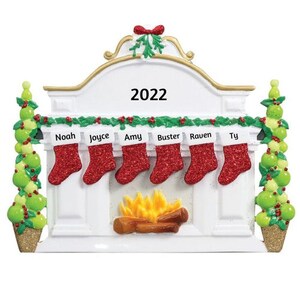 Personalized Stockings Family Ornament - 6 Stockings Hanging on White Mantle Table Stand Ornament - Family of Six Stockings Table Stand
