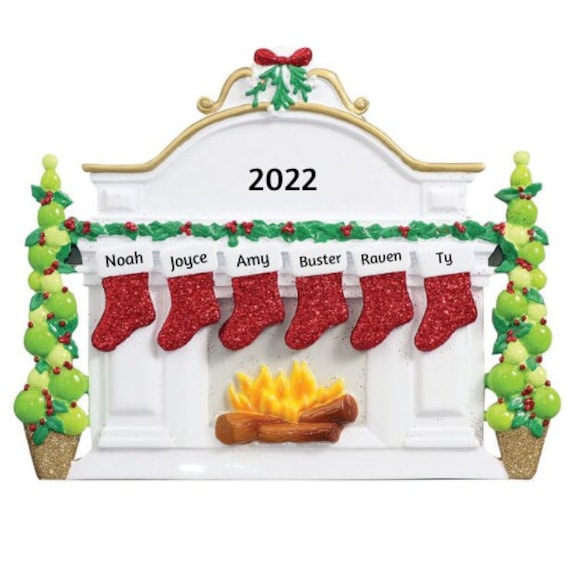 6 Glittery Stockings Hanging on White Classic Mantle Table Top Ornament - Family of Six Stockings Hand Personalized Table Top Ornament 2022