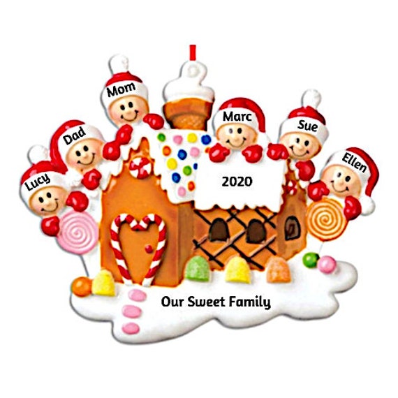 Family of 6 Christmas Ornament - Six Elves in a Gingerbread House Hand Personalized Christmas Ornament