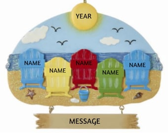 Personalized Beach Family Ornament Family of 5 Beach Chairs, Beach Vacation Christmas Ornament - Colorful Beach Chairs Ornament