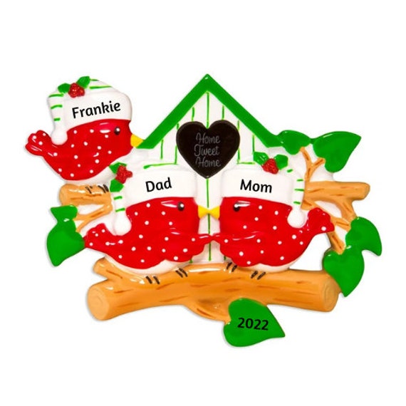 Family of 3 Birds on a Branch Personalized Christmas Ornament