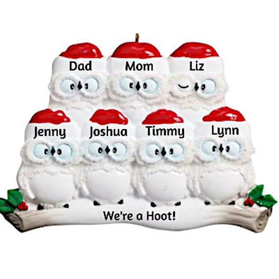 Family of 7 - 7 White Snow Owls, Friends or Siblings Personalized Christmas Ornament - Seven Owls on a Branch Christmas Ornament 2022