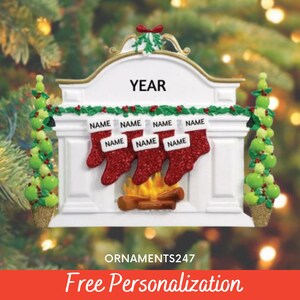 Personalized Family Ornament - 7 Stockings Hanging on White Classic Mantle Table Stand - Family of Seven Stockings Personalized Table Stand